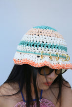 Load image into Gallery viewer, ORANGE, TURQUOISE &amp; WHITE CROCHET PIERCING HAT
